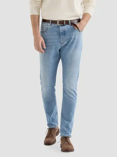 Brunello Cucinelli Men's Comfort Cotton Denim Leisure Fit Five-Pocket Jeans - Light Denim | Thumbnail 3