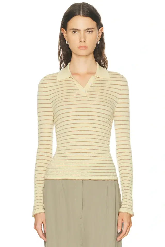 Guest In Residence Smocked Long Sleeve Shrunken Polo Top