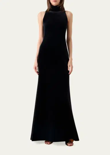 Akris Mock-Neck Fringe Knot Sleeveless Velvet Trumpet Gown | Thumbnail 2