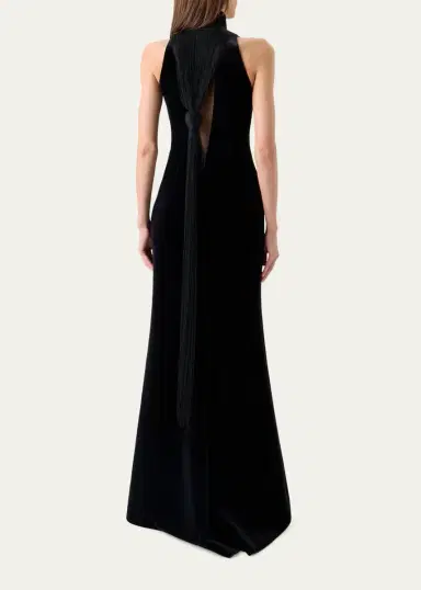 Akris Mock-Neck Fringe Knot Sleeveless Velvet Trumpet Gown | Thumbnail 3