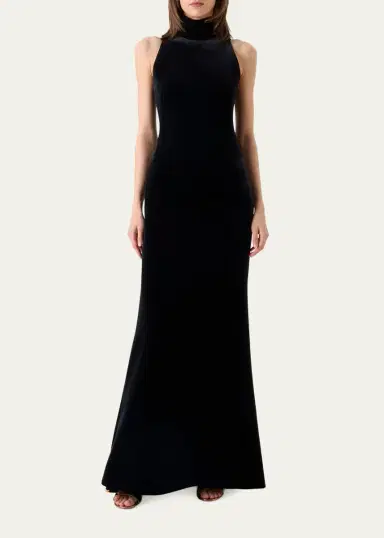 Akris Mock-Neck Fringe Knot Sleeveless Velvet Trumpet Gown | Thumbnail 4