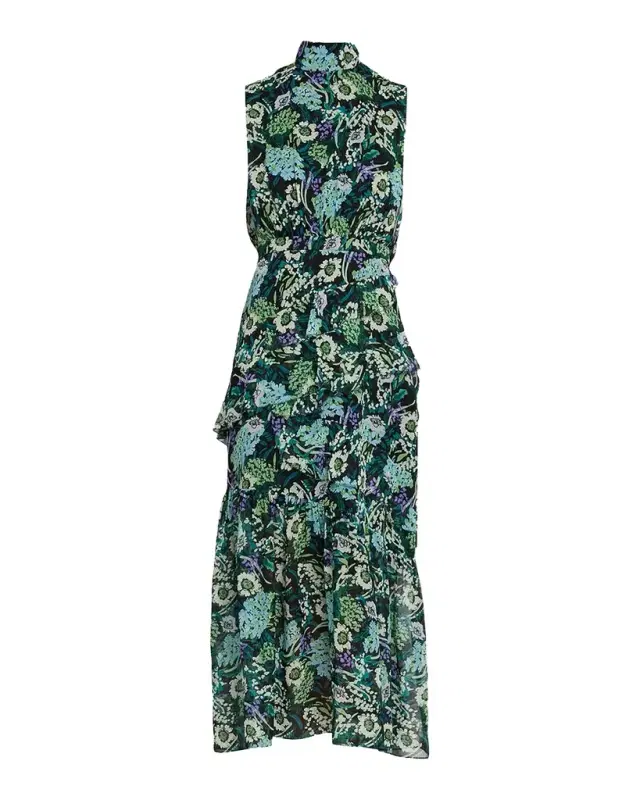 Fleur Silk Sleeveless Tiered-Ruffle Midi Dress