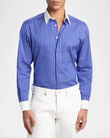 Tom Ford Men's Silk Pinstripe Contrast-Trim Dress Shirt | Thumbnail 3