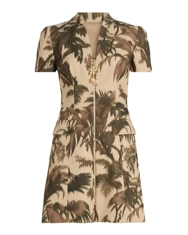 Oscar de la Renta Chine Palm-Print Short-Sleeve Zip Mini Dress