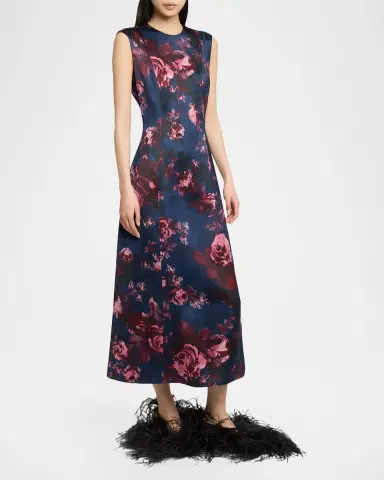 Erdem Floral Duchess Satin Sleeveless Midi Dress | Thumbnail 4 Erdem Floral Duchess Satin Sleeveless Midi Dress | Thumbnail 4