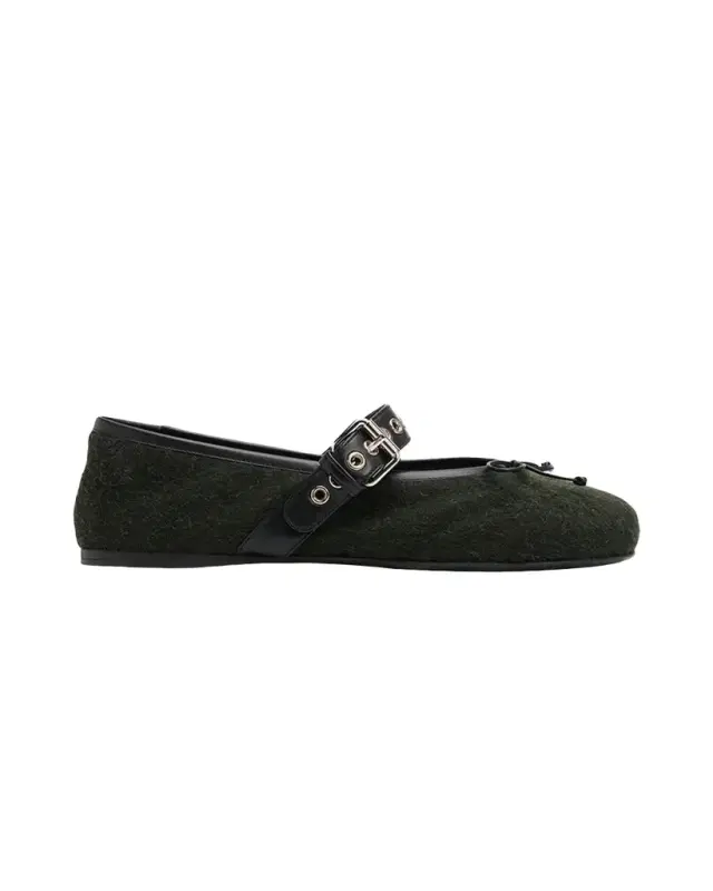 Miu Miu Flannel Leather-Strap Ballerina Flats