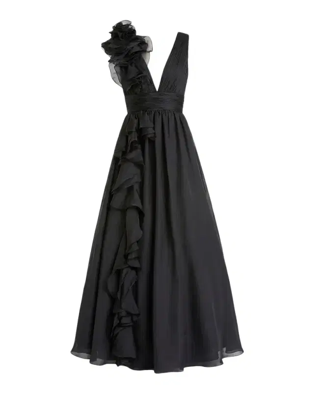 Mac Duggal Plunging V-Neck Ruffled Ball Gown