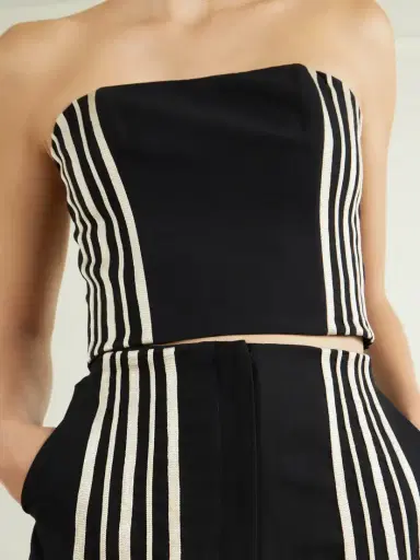 ANDRES OTALORA Tan Amada Strapless Striped Embroidered Twill Cropped Top | Thumbnail 4
