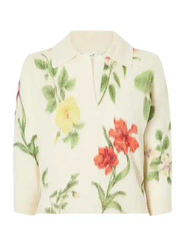 Oscar de la Renta Floral-printed Wool Polo Sweater
