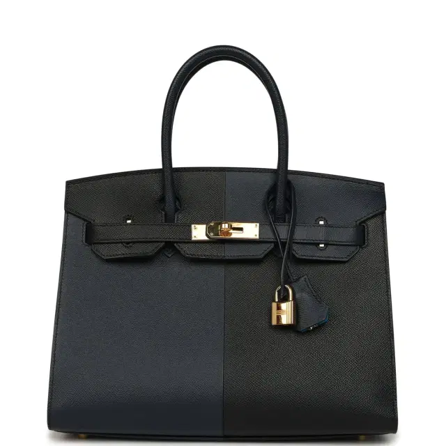 HERMÈS Pre-owned Hermes Casaque Birkin Sellier 30 Black and Bleu Indigo Epsom Gold Hardware