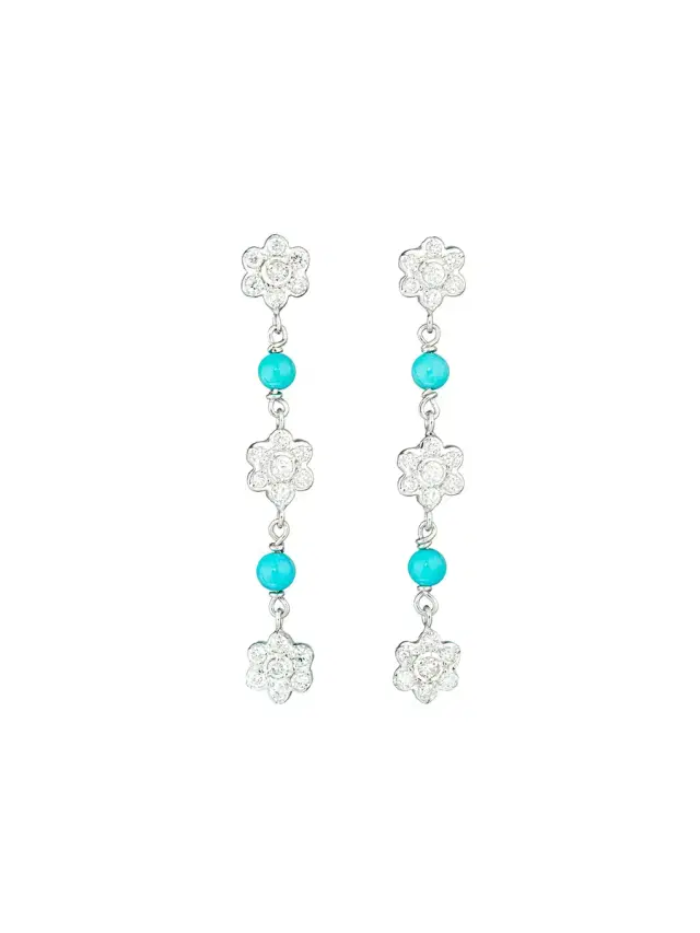 GuitaM Diamond and Turquoise Flower Drop Earrings