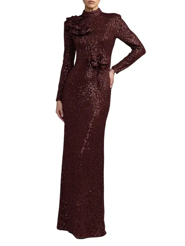 Mac Duggal Women's Floral Sequined Mock Turtleneck Gown