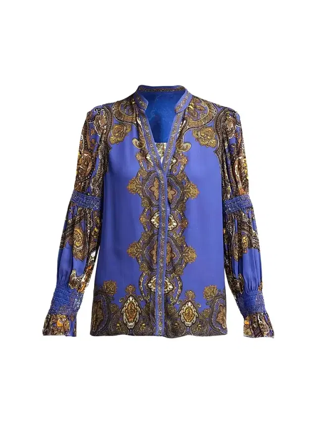 Alice + Olivia Women's Ilan Smocked-Sleeve Blouse - Bon Voyage Midnight