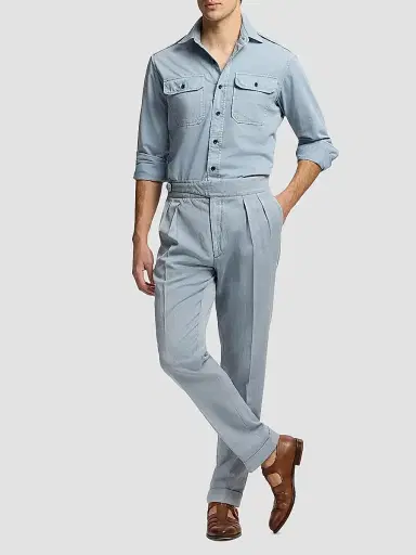 Ralph Lauren Purple Label Men's Garment-Dyed Chino Pleated Trousers - Winward Blue | Thumbnail 2