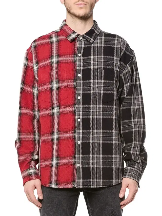 Men's Spliced Two-Tone Flannel Shirt
