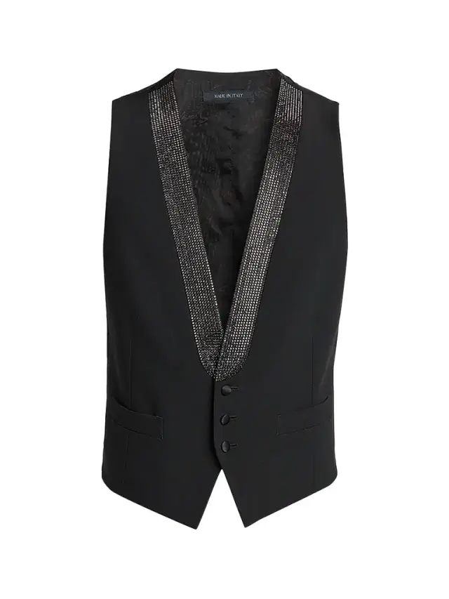 Giorgio Armani Men's Crystal-Embellished Wool-Blend Vest - Black Beauty - Size 48