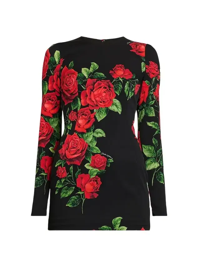 Women's Floral Stretch-Silk Crewneck Minidress - Rose Rosse Nero