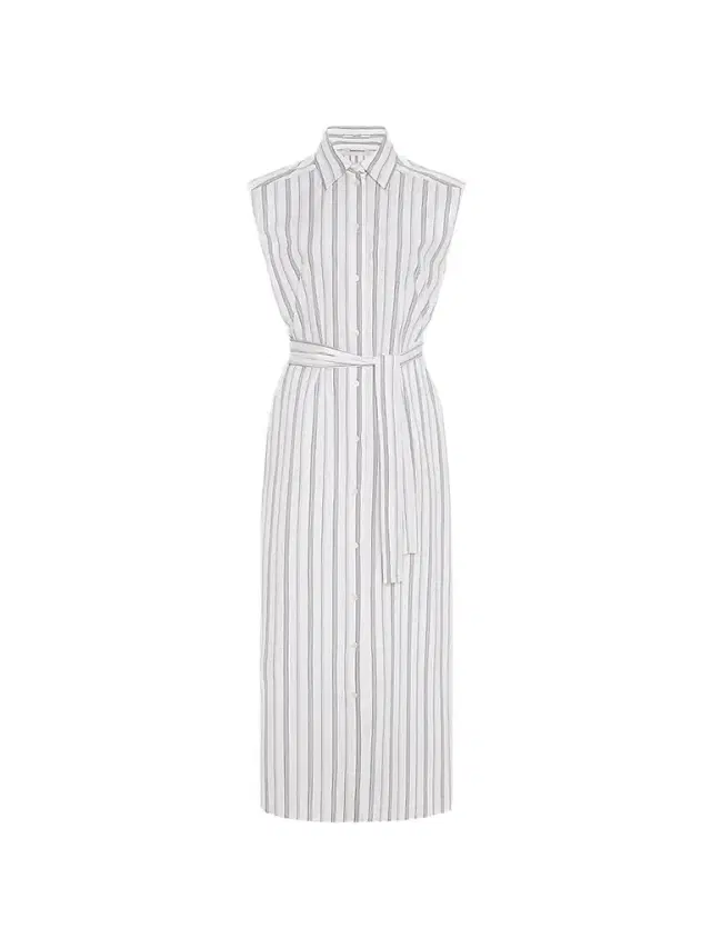 Another Tomorrow Women's Sleeveless Pleat Back Tie Dress - White Navy Stripe