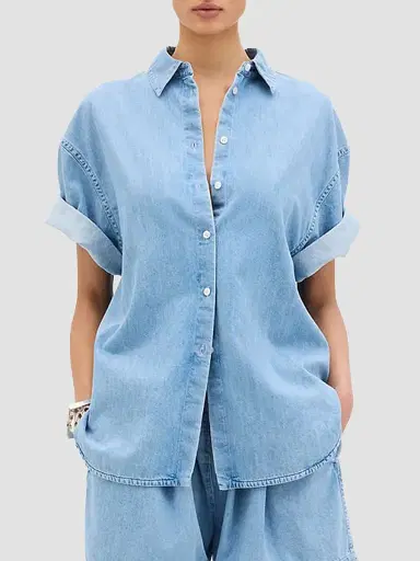 Another Tomorrow Women's Chambray Short Sleeve Shirt - Light Blue Wash - Size XL | Thumbnail 2