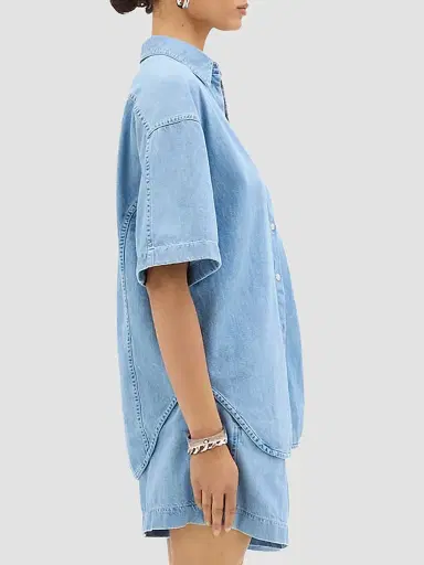 Another Tomorrow Women's Chambray Short Sleeve Shirt - Light Blue Wash - Size XL | Thumbnail 3