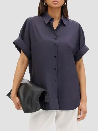 Another Tomorrow Women's Poplin Short Sleeve Shirt - Midnight - Size XL | Thumbnail 2