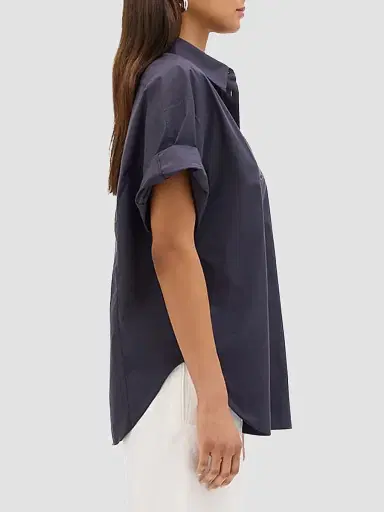 Another Tomorrow Women's Poplin Short Sleeve Shirt - Midnight - Size XL | Thumbnail 3