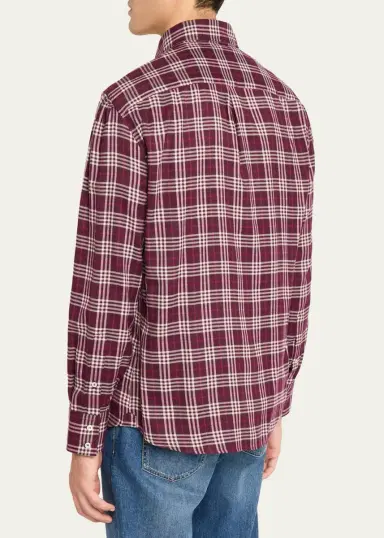 Brunello Cucinelli Men's Cotton-Lyocell Plaid Button-Down Shirt | Thumbnail 3