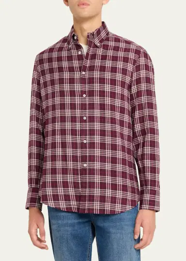 Brunello Cucinelli Men's Cotton-Lyocell Plaid Button-Down Shirt | Thumbnail 4