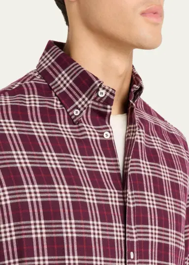 Brunello Cucinelli Men's Cotton-Lyocell Plaid Button-Down Shirt | Thumbnail 5