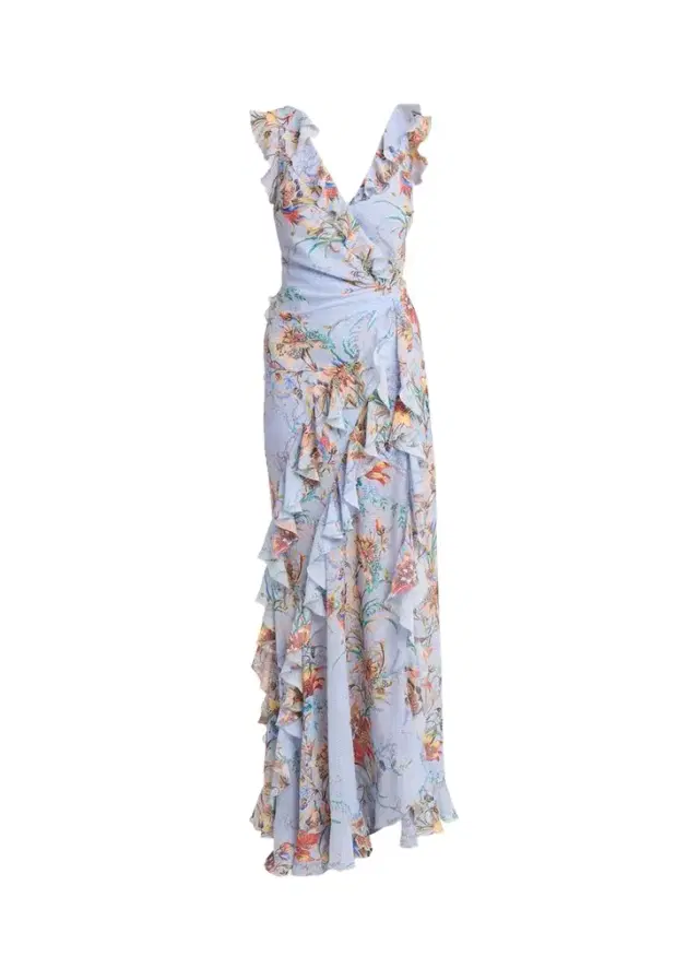 Etro Floral-Print Seersucker Ruffled Slit Maxi Dress