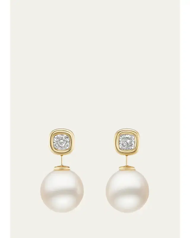 Brent Neale 18K Yellow Gold Diamond Cushion and Pearl Drop Earrings