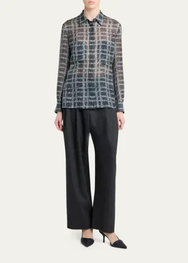 Giorgio Armani Sheer Silk Plaid Button-Front Shirt | Thumbnail 2