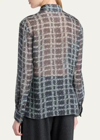 Giorgio Armani Sheer Silk Plaid Button-Front Shirt | Thumbnail 3