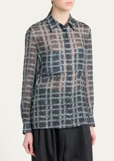 Giorgio Armani Sheer Silk Plaid Button-Front Shirt | Thumbnail 4