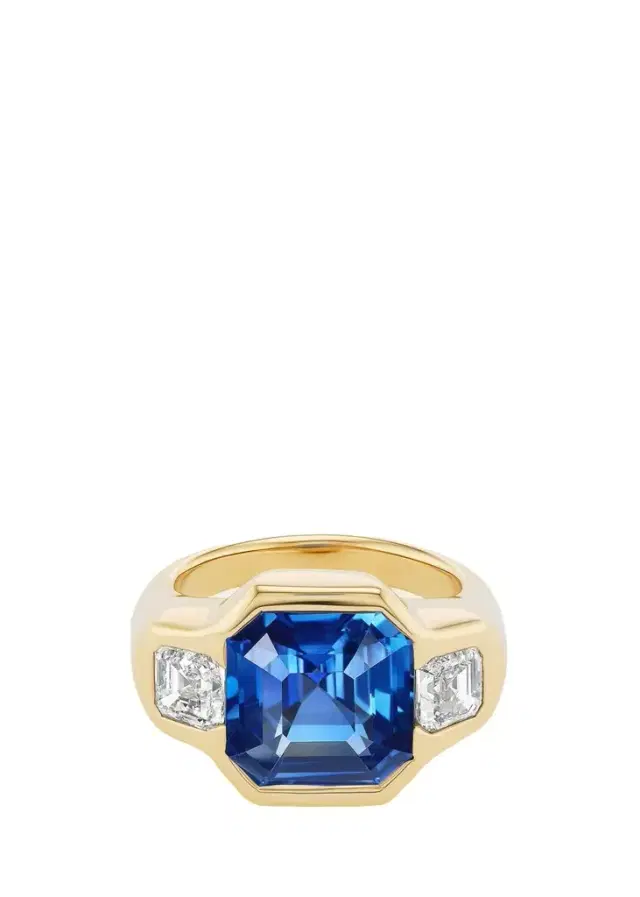 Brent Neale One-of-a-Kind 18K Yellow Gold Asscher Blue Sapphire Ring with Diamonds