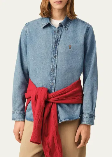 Ami Paris Men's Ami de Coeur Denim Button-Down Shirt | Thumbnail 4