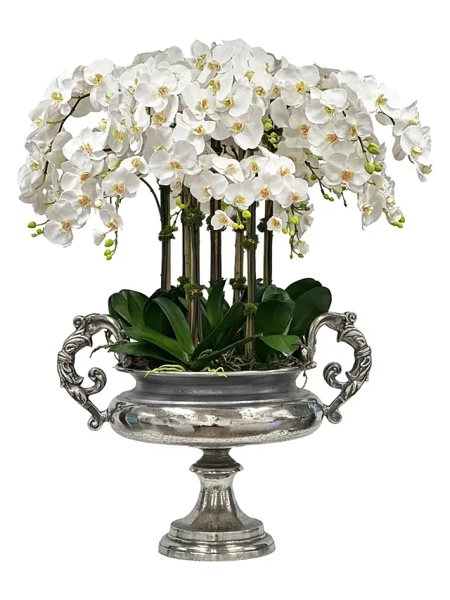 Winward Home Everyday Newness Refresh Imitation Ocrhid In Silvertone Urn - Two Tone White