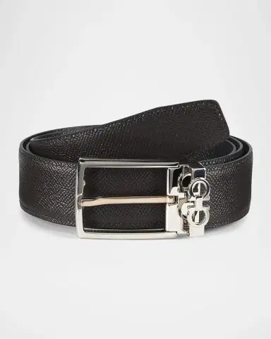 Ferragamo Men's Reversible Textured Leather Belt with Classic Buckle | Thumbnail 3