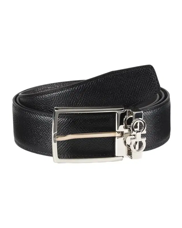 Ferragamo Men's Reversible Textured Leather Belt with Classic Buckle