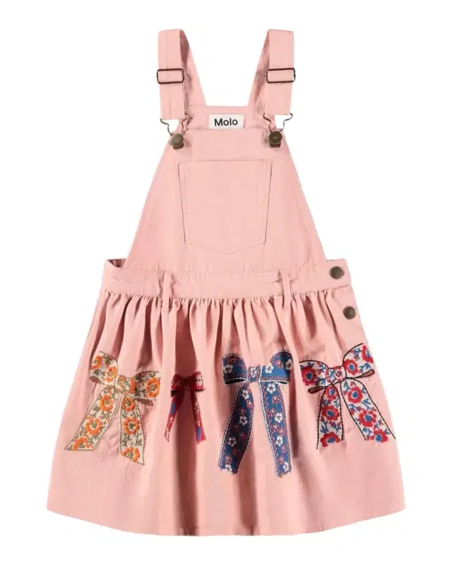 Molo Girl's Bow-Embroidered Cotton Pinafore Dress