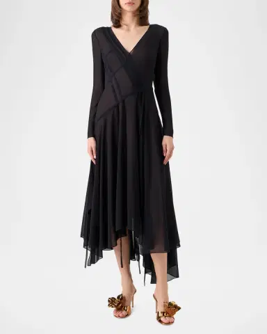 Akris Asymmetric Seamed Silk Georgette Long-Sleeve Midi Dress | Thumbnail 2 Akris Asymmetric Seamed Silk Georgette Long-Sleeve Midi Dress | Thumbnail 2