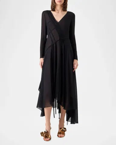 Akris Asymmetric Seamed Silk Georgette Long-Sleeve Midi Dress | Thumbnail 6 Akris Asymmetric Seamed Silk Georgette Long-Sleeve Midi Dress | Thumbnail 6