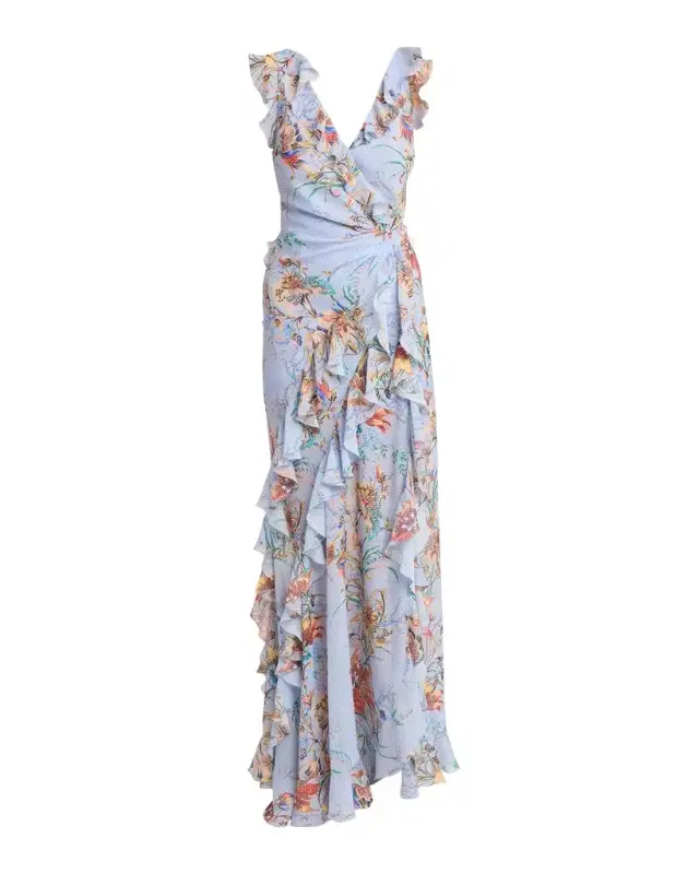 Etro Floral-Print Seersucker Ruffled Slit Maxi Dress