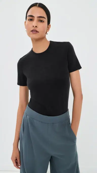 Tibi Feather Weight Viscose Neoprene Short Sleeve Tee Black | Thumbnail 2