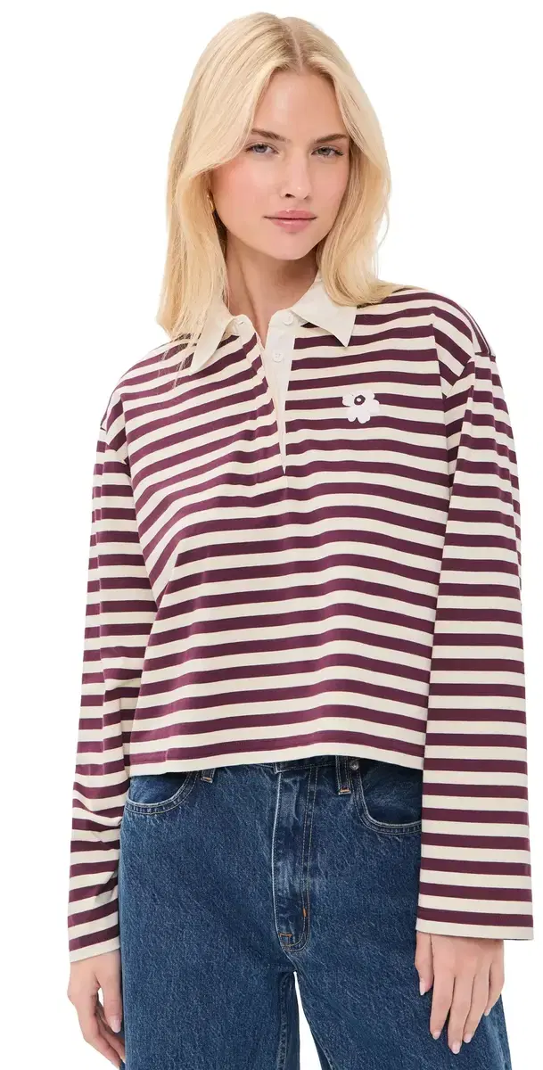 Marimekko Kipin Tasaraita Unikko Kioski Polo Shirt Wine Red/Light Yellow