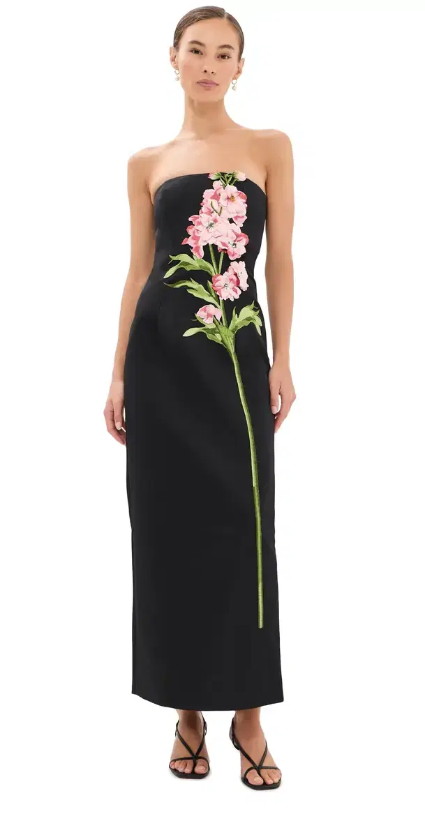 LEO LIN Rayna Embroidered Maxi Dress Snapdragon Print in Ebony