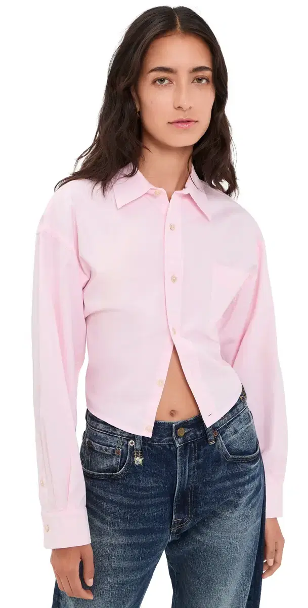 R13 plit Hem Boyfriend Button Down Shirt Light Pink