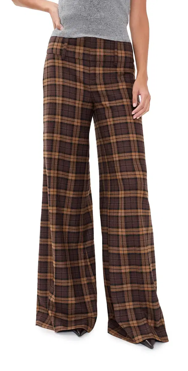 ALICE + OLIVIA Olivia Wide Leg Flare Pants DARK CHOCOLATE/CAMEL