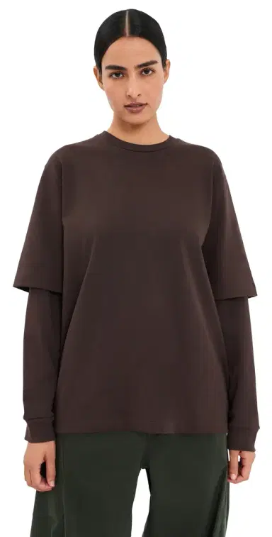 Tibi Perfect Unisex Double ayer ong Sleeve Tee Brown | Thumbnail 1