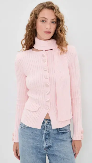 House of Sunny Classic Rib Knit Cardigan Pale Pink 8 | Thumbnail 2
